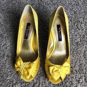 Nina canary yellow satin open-toe heels, 8.5M
